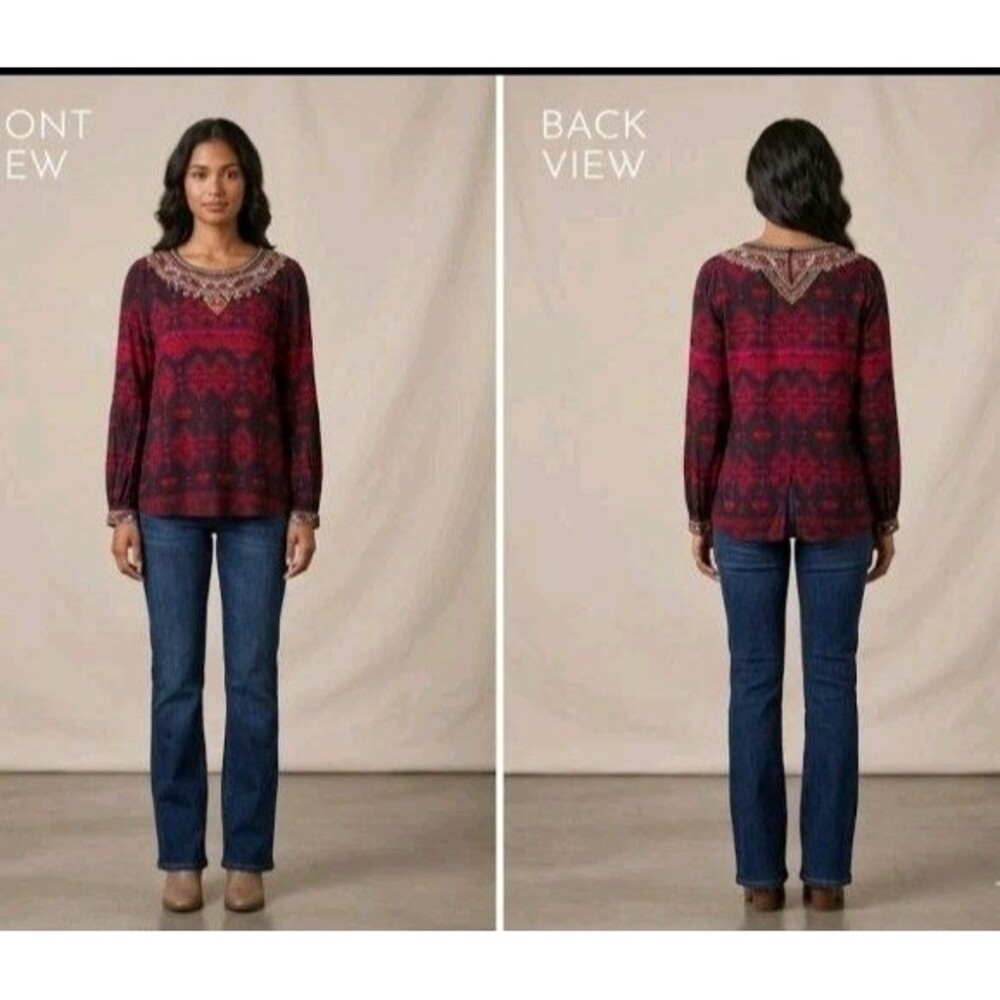 Soft Surroundings Blouse Size L Beaded Collar/Sleeves Long Sleeve Rayon
